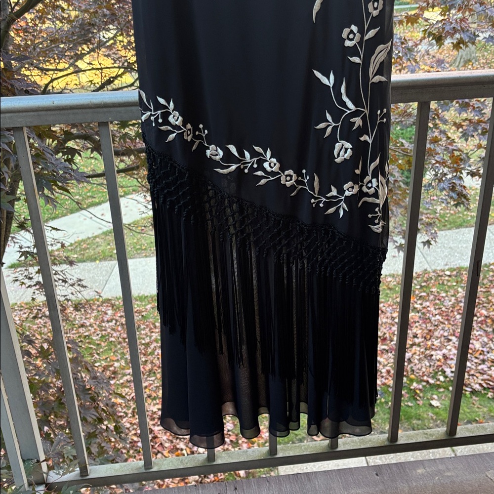 Vintage y2k Maxi Dress Long Dress Black Sue Wong Fringe Cowneck Embroidered - Picture 7 of 17